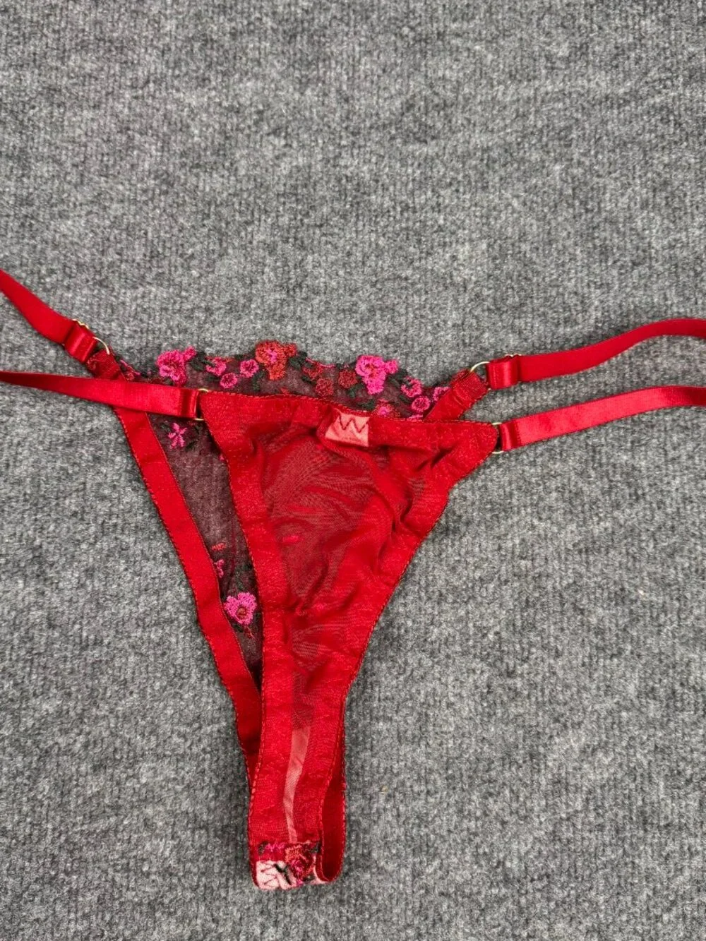 Womens Red Sheer Floral Embroidered Thong Panty Size 4XL Adjustable Straps